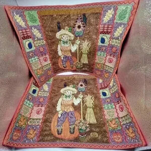 VTG Set of 2 Fall Tapestry Placemats Happy Scarecrow Pumpkins Crows Birdhouses